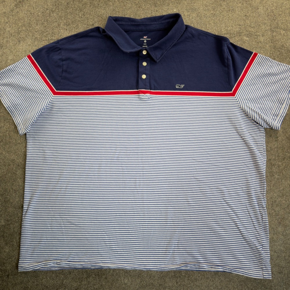 Vineyard Vines Mens XXL Polo Shirt Navy Blue White Striped Red Accent RN17730